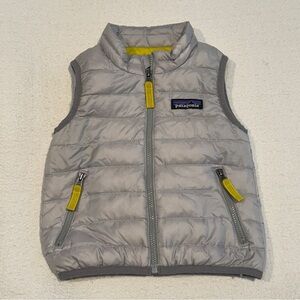 Patagonia Baby Down Sweater Vest Drifter Grey Yellow trim 6-12m EUC